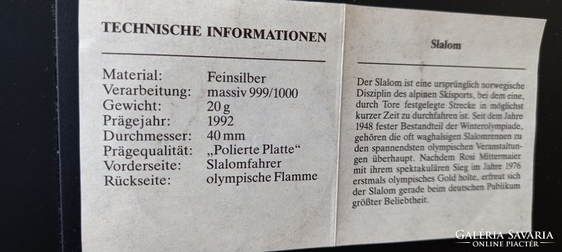 Olimpiai játékok 1992 Albertville emlékérme sorozat szlalom sorszámozott színezüst