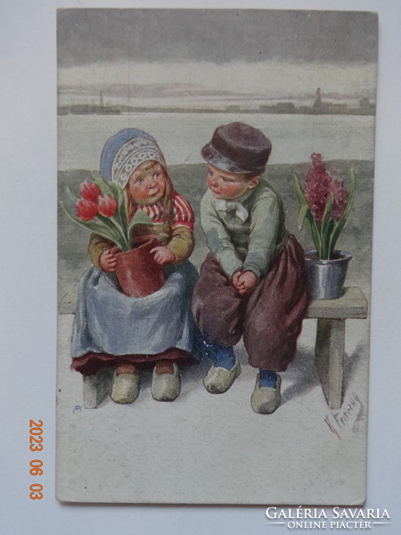 Régi holland grafikus üdvözlő képeslap, postatiszta