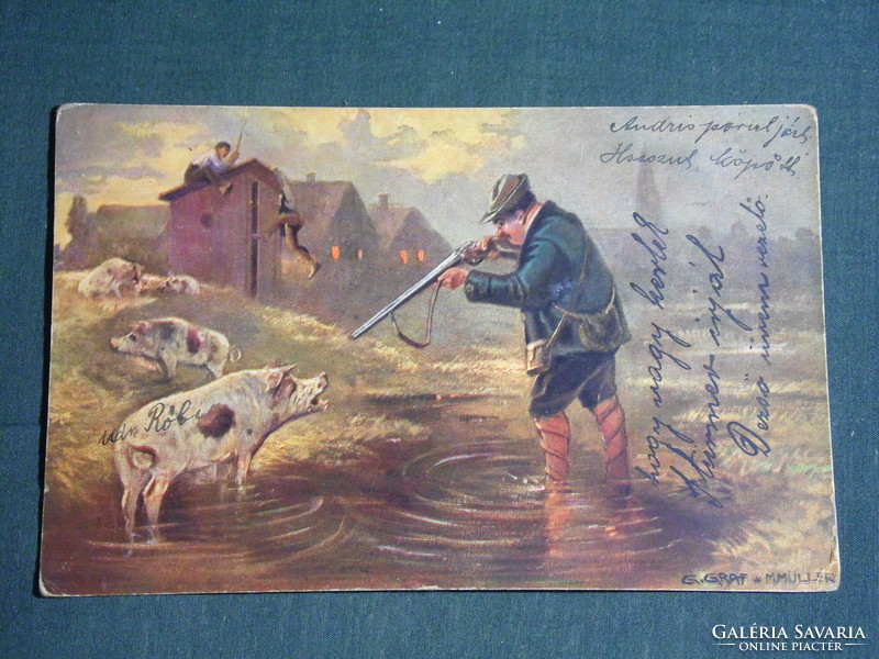 Képeslap,Postcard, G.Graf grafika, Malac vadászat, vadász, 1915