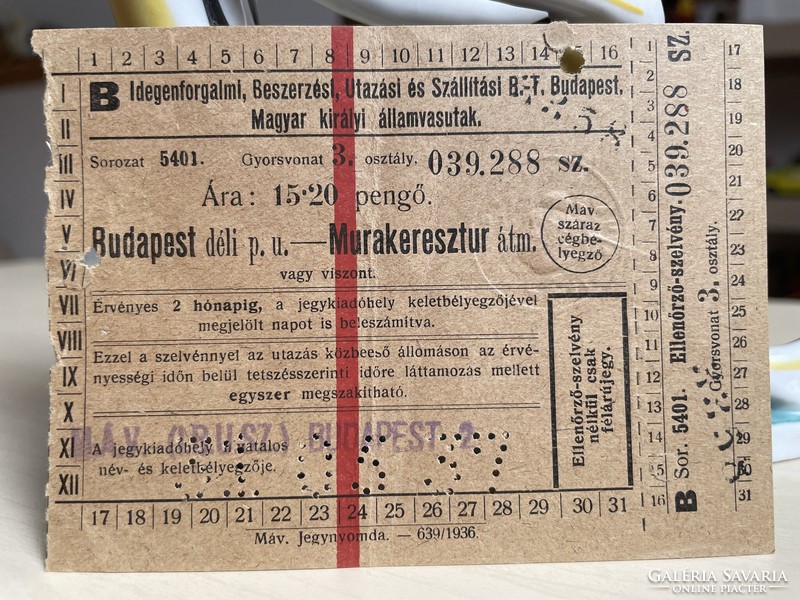 1937, Magyar Királyi Államvasutak vonatjegy, Budapest - Murakertesztúr