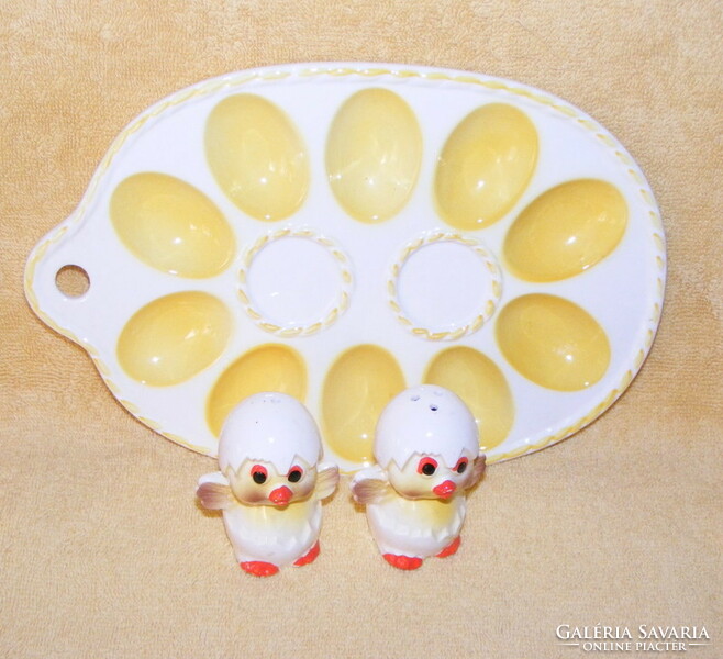 Porcelain egg holder chick with salt and pepper shaker