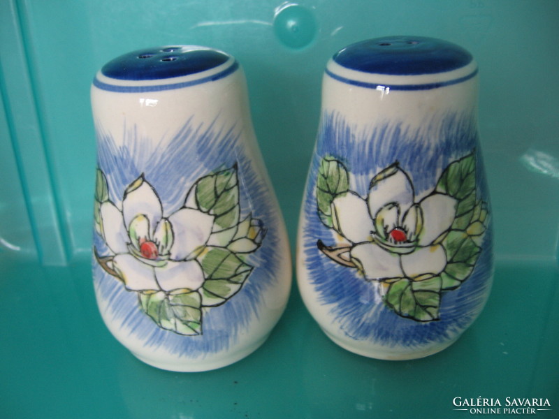 A pair of wild rose salt, pepper shakers and table spice holders