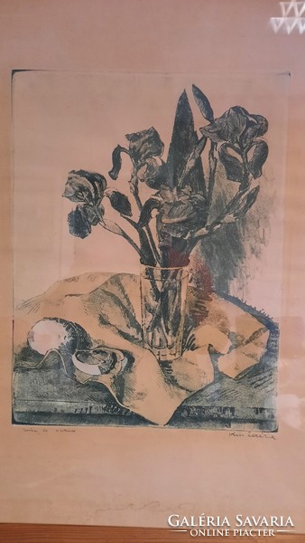 Kiss Terézia rézkarc Irisz és narancs című képe  kép méret   29 x 38 cm alsó szálén pici nedvesedés