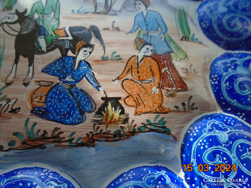 Perzsa-Iráni Isfahan türkizkék zománcozott falitál miniatűr festménnyel MINAKARI