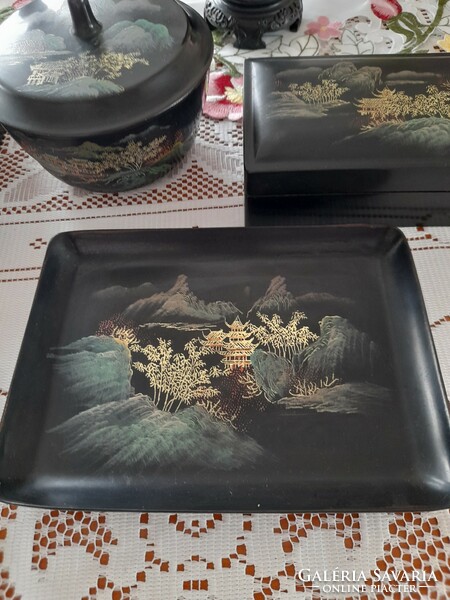 Chinese lacquer collection, boxes, vase, tray, sugar bowl.