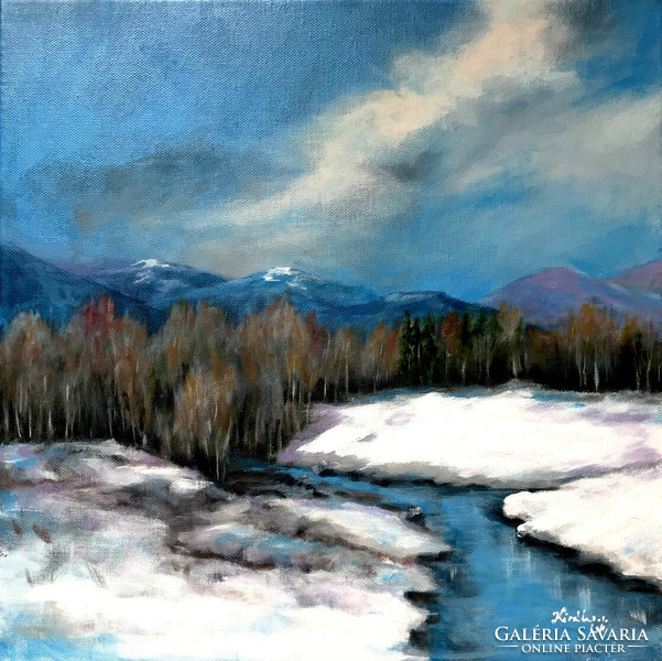 Téli folyópart - akrilfestmény -  40 x 40 cm