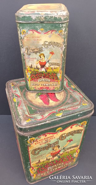 Antique 2 pcs Szeged pepper truncated Gergely tin box