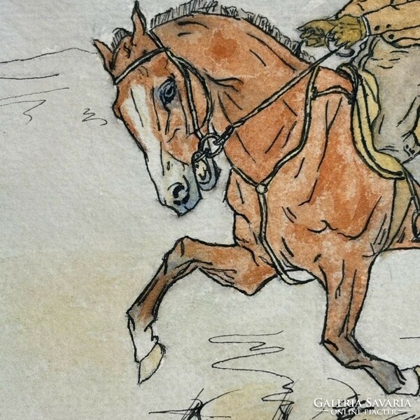 H.E. monogrammal karikatúra - Vágtató lovas - 1910 - tus, akvarell