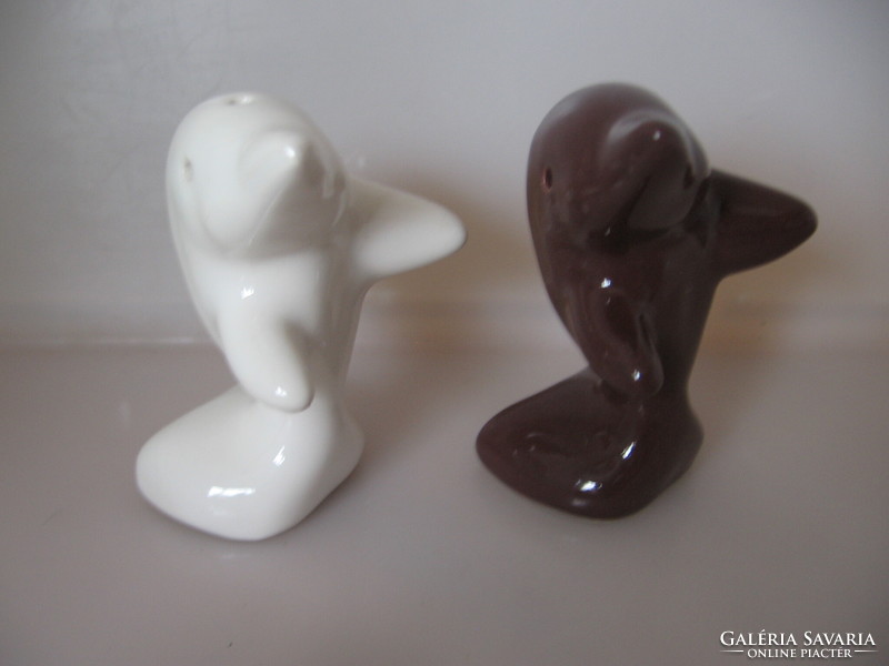 Pair of brown and white dolphins, salt and pepper shaker, table spice holder