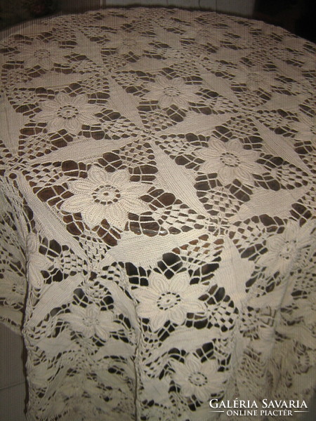 Beautiful antique ecru floral hand-crocheted huge tablecloth