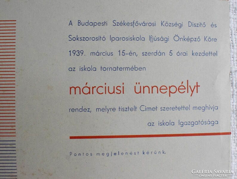 Ünnepi meghívó 1939 Március 15. Budapest Székesfőváros Községi Díszítő és Sokszorosító Iparos plakát
