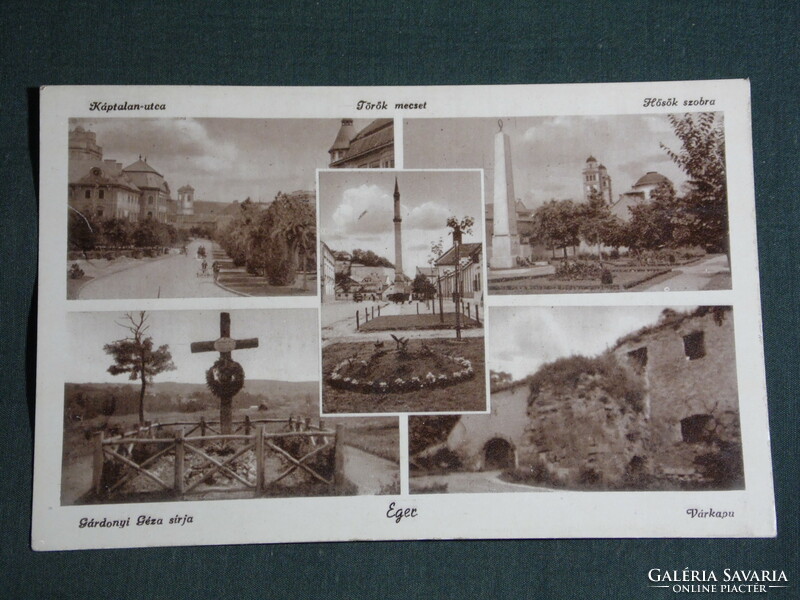 Képeslap, Postcard, Eger,mozaik,Káptalan utca,hősök szobra,vár, Gárdonyi sírja, 1940
