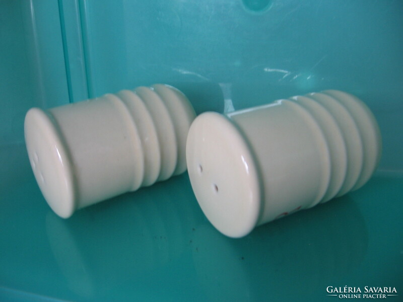 Pair of retro porcelain salt, pepper shakers and table spice holders