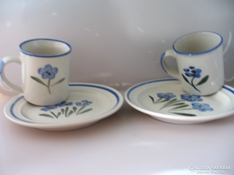 Retro stoneware blue floral snack and cake plates and cocoa, coffee and tea mugs