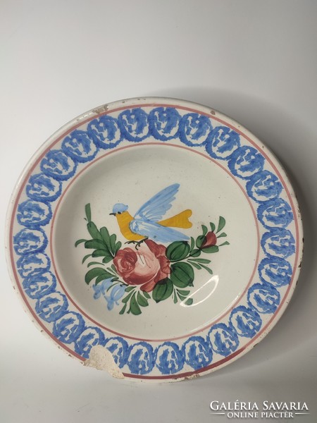 Old miskolcz-marked hard terracotta painted folk wall plate with a bird
