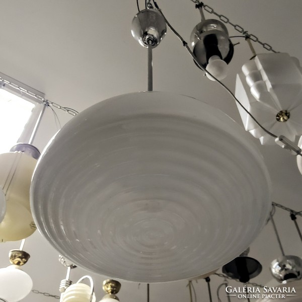 Bauhaus - art deco ceiling lamp renovated - concentrically ribbed milk glass shade