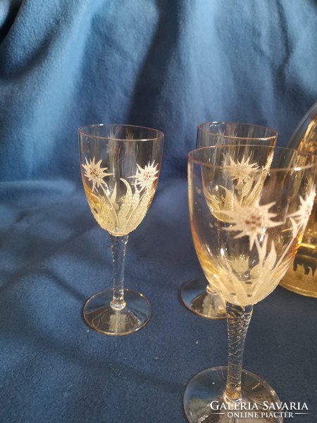 Old crystal glass, decorated with snowdrops + 6 glasses