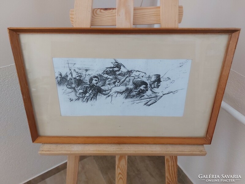 (K) signed battle scene graphic with 54x33 cm frame