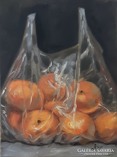 Antiipina galina: oranges in a bag, oil painting, canvas. 40X30cm