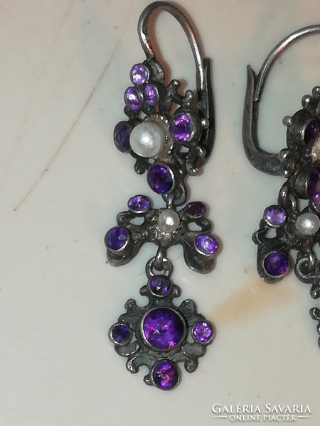 Amethyst cultured pearl silver antique earrings