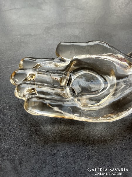 Régi öntött üveg kéz formájú ékszertartó, aprópénz tartó