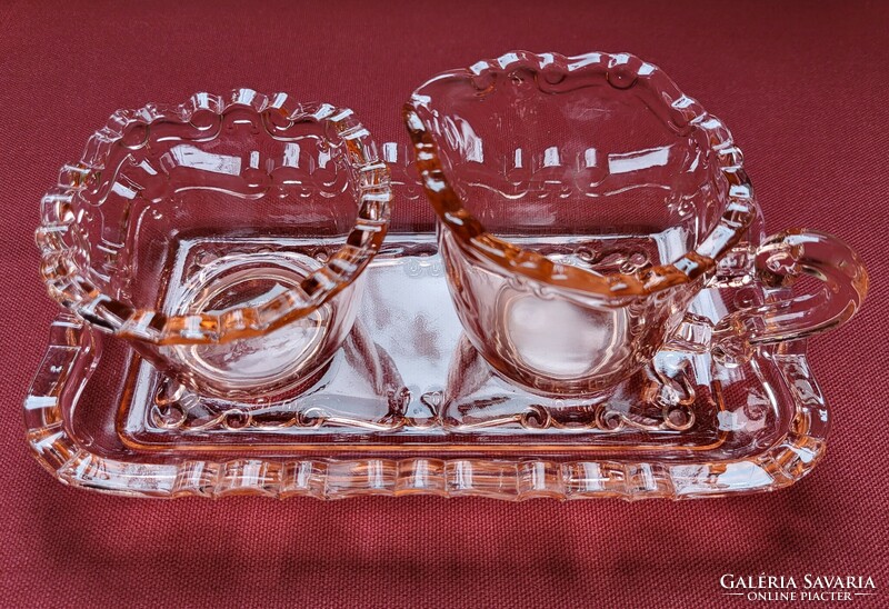 Pink salmon-colored glass sugar container milk cream pouring bowl tray tray serving coffee accessory