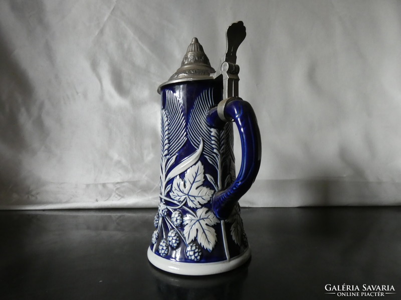 Gerz cobalt blue wheat and hop pattern ceramic beer mug collector's item!.