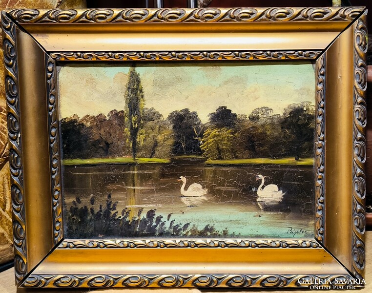 Special price!!! Antique painting, early 1900s, oil on cardboard, with frame 37 x 47 cm, label Shepherd