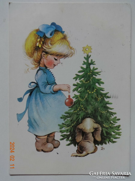 Régi grafikus karácsonyi üdvözlő képeslap, Füzesi Zsuzsa rajz