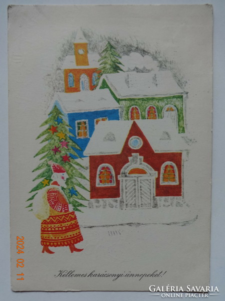 Régi grafikus karácsonyi üdvözlő képeslap, Hajnal Gabriella rajz