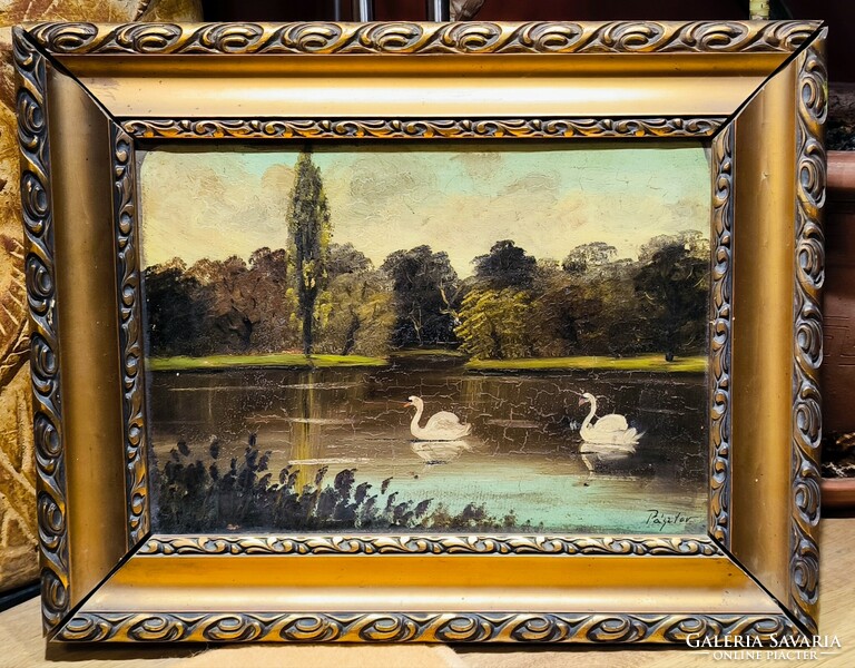 AKCIÓS ÁR !!! Antik festmény, 1900-as évek eleje, olaj karton, kerettel 37 x 47 cm, jjl. Pásztor