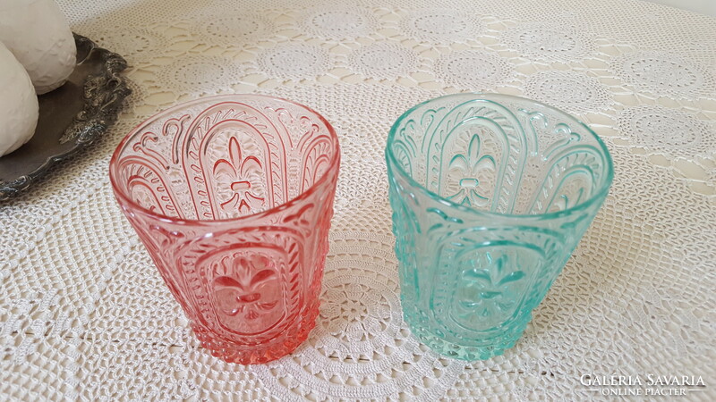 Embossed glass cup with lily pattern, 2 candle holders.