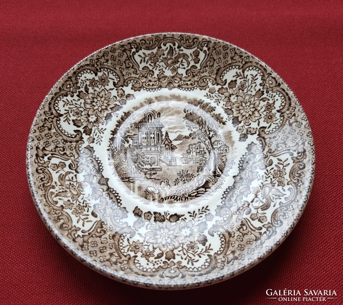 Staffordshire Ironstone Tableware angol barna porcelán jelenetes csészealj tányér kistányér
