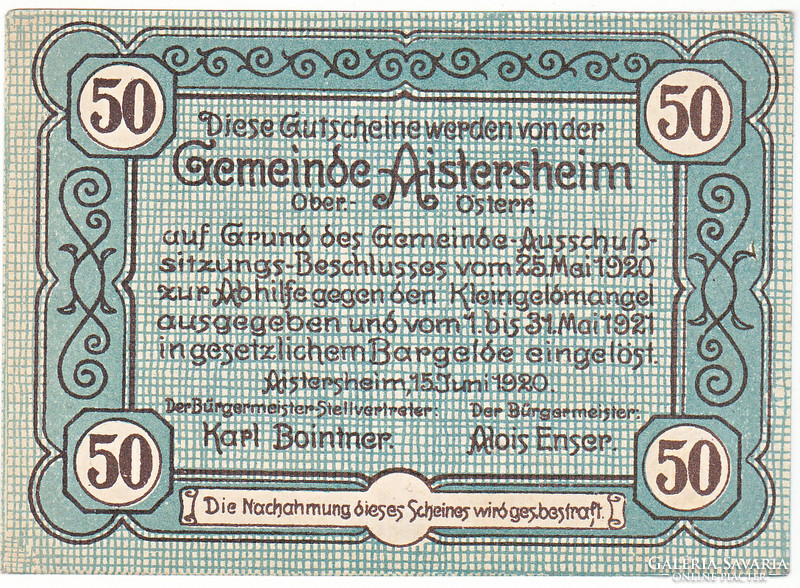 Austrian emergency money 50 heller 1920