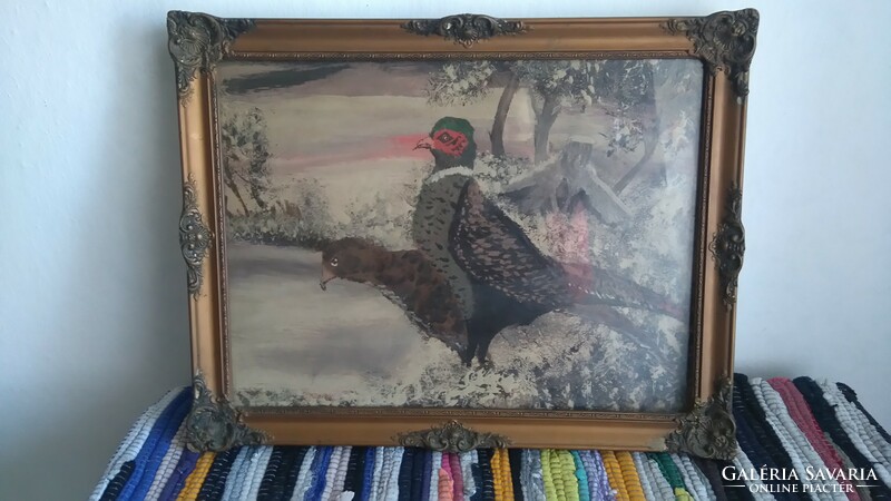 Pheasant pair, oil, wooden, glass frame for sale!