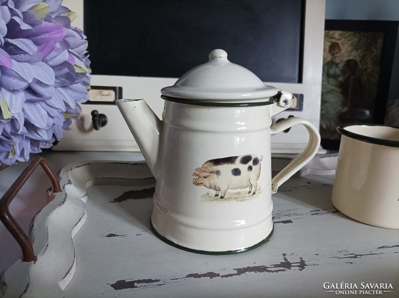 Charming enameled metal coffee pot and mug decorated with pigs, with green stripe, in good condition.