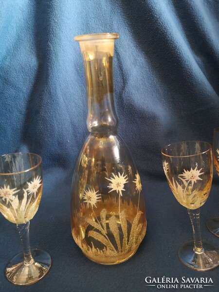 Old crystal glass, decorated with snowdrops + 6 glasses