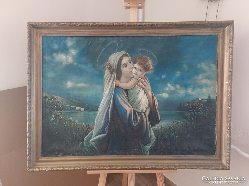 (K) large marked old painting of a holy image (plough? ) 113X81 cm with frame