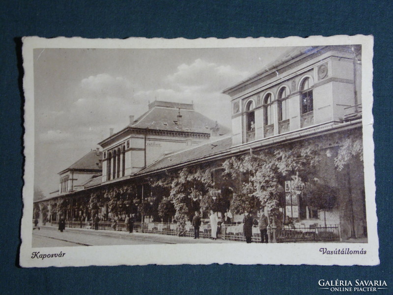 Postcard, Kaposvár, railway station, platform, railway restaurant detail, 1945