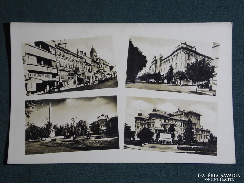 Postcard, Kaposvár, row of shops, theater, monument, town hall, red star cinema, view, park, 1951