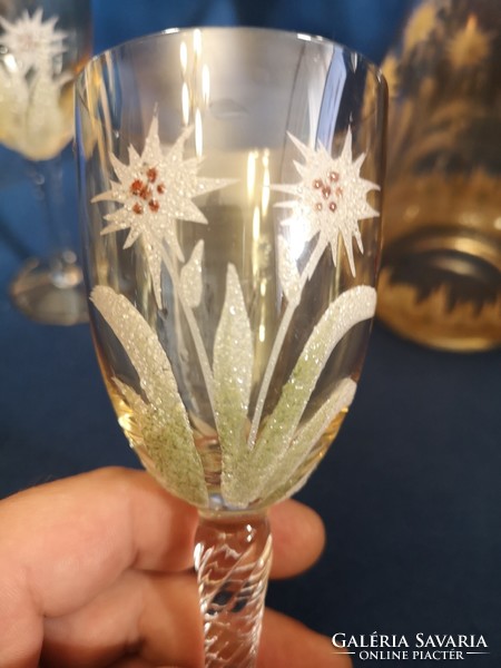 Régi kristály üveg, díszítés Havasi Gyopár + 6db pohár