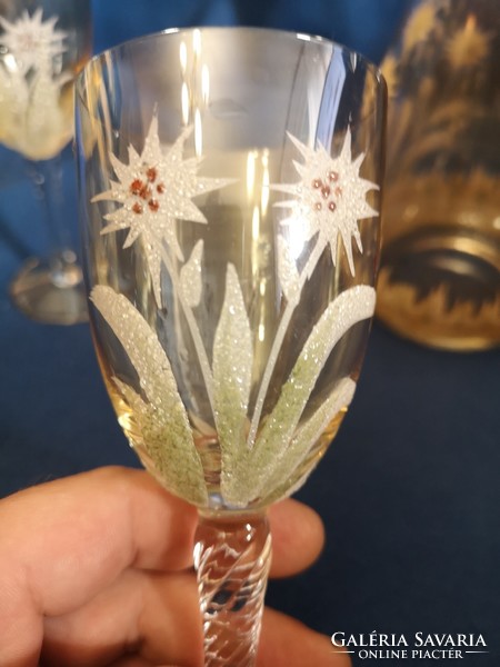 Old crystal glass, decorated with snowdrops + 6 glasses