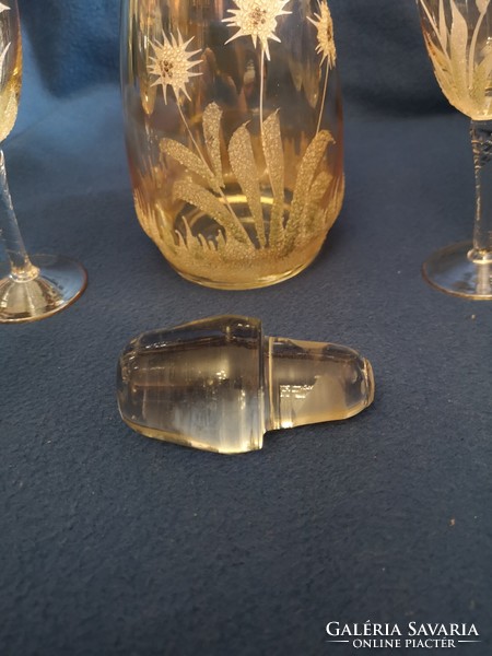 Régi kristály üveg, díszítés Havasi Gyopár + 6db pohár