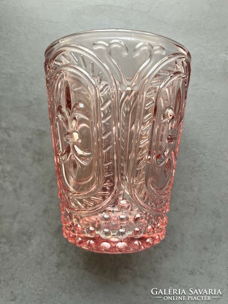 Vintage, liliom mintás gyönyörű halvány rózsaszín Butlers vizes pohár, mécsestartó vastag üvegből