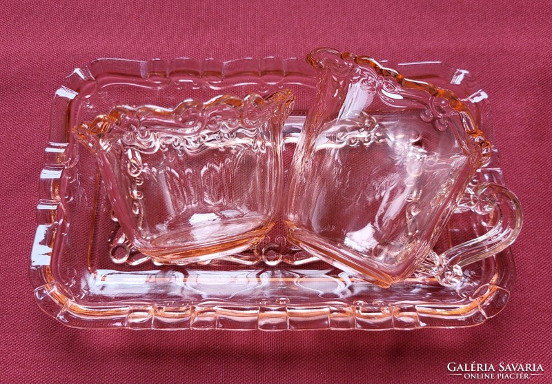 Pink salmon-colored glass sugar container milk cream pouring bowl tray tray serving coffee accessory