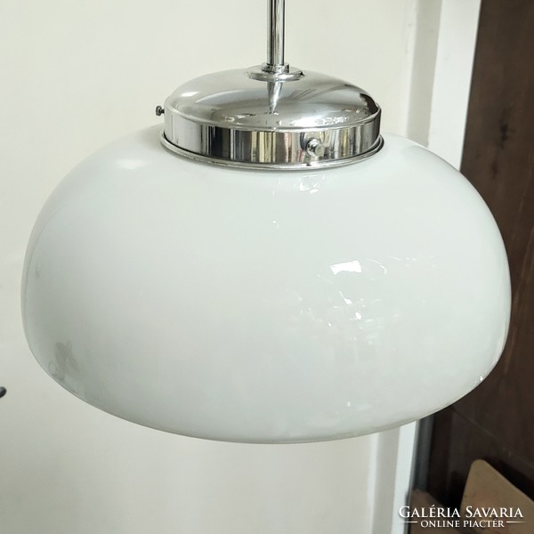 Bauhaus - art deco ceiling lamp renovated - concentrically ribbed milk glass shade