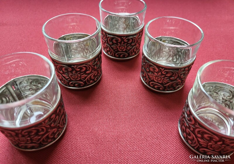 French glass metal liqueur short drinking glasses set of 5 pcs