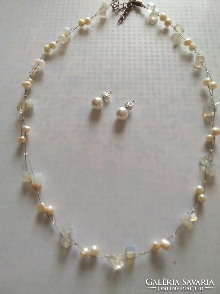Necklace with real pearls and opalite + gift earrings