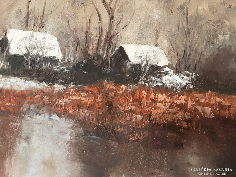 Galina Antiipina: winter village, oil painting, canvas, painter's knife, 50x70cm