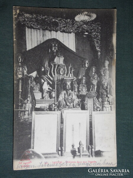 Postcard, Vietnam, Saigon, pagoda, church, god statues, 1910